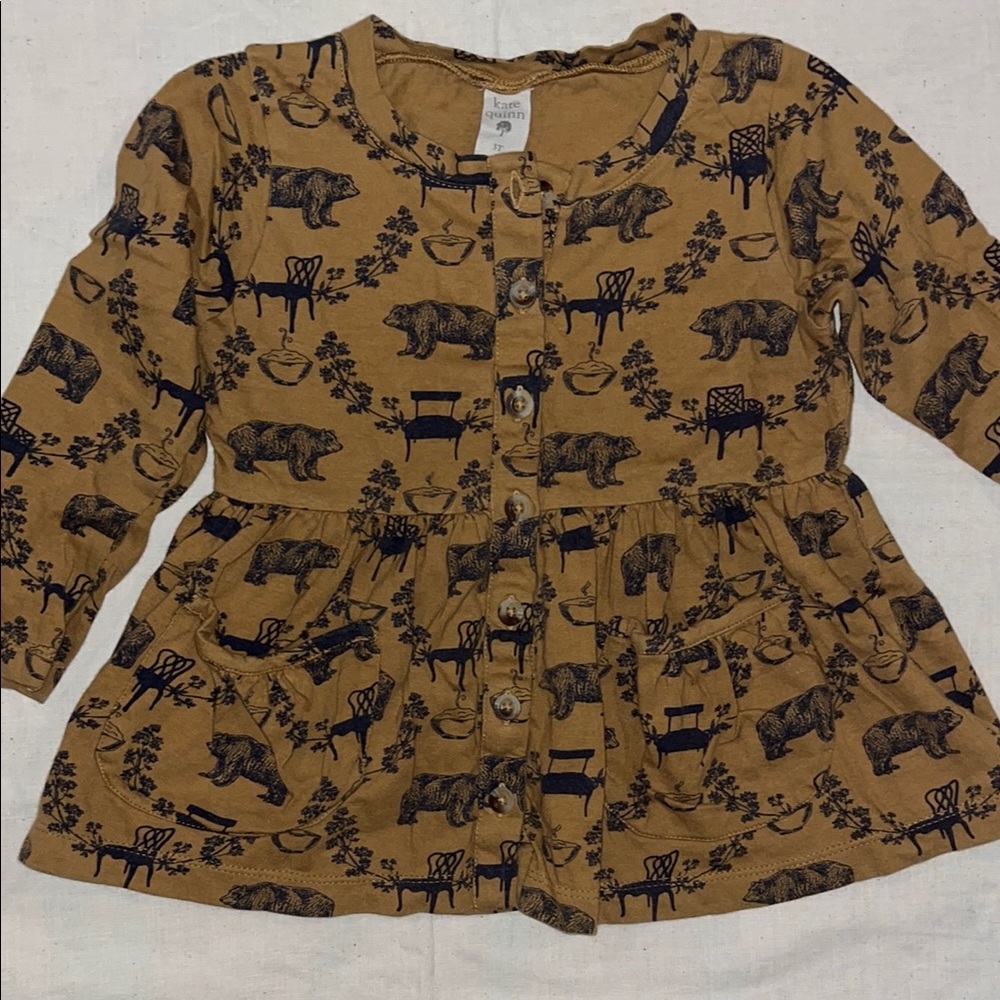 kate quinn Mustard Brown Bear & Chair Print Button-Front Top